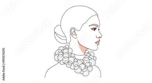 A minimalist line art illustration depicts a woman's profile with her hair in a bun and a large bubble necklace.
