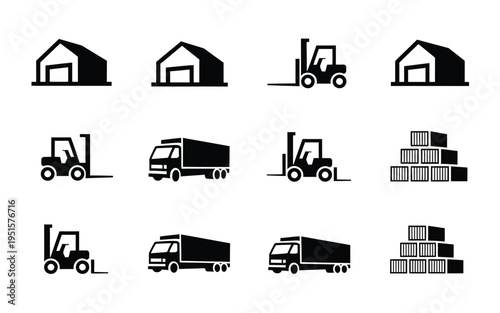 Warehouse logistics icons set forklifts trucks warehouses and pallets for industrial and transportation concepts