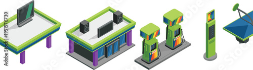 Isometric, modern, fuel, station, illustration, gas, pumps, canopy, building, energy, transport, eco, design, 3D, vector, infrastructure, retail, automotive, service, concept