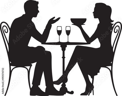 Black silhouette couple dining at small table with wine glasses