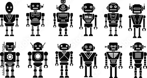 Collection of robot silhouettes with retro and modern designs futuristic android vector illustration set isolated on light background for technology and AI design