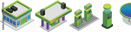 Isometric, modern, gas, station, illustration, fuel, pumps, service, building, canopy, energy, transportation, eco, design, vector, 3D, infrastructure, retail, automotive, concept
