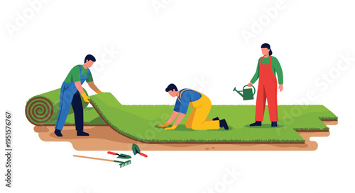 Three gardeners are laying down rolls of green sod on a patch of brown earth with gardening tools nearby.