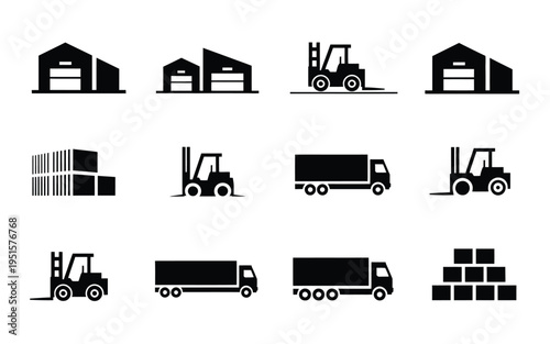 Warehouse logistics icons set forklifts trucks warehouses and cargo boxes in black on white background for industrial and transportation concepts
