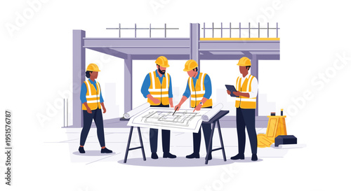 Four construction workers in yellow hard hats and safety vests review blueprints on a table at an unfinished construction site.