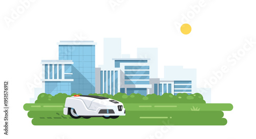 A white robotic lawnmower operates on a green lawn in front of a modern city skyline under a bright sun.