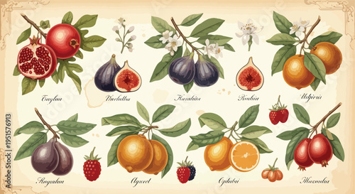 Vintage-style illustration of various fruits including figs, oranges, strawberries, and pomegranates with labels on a beige background.