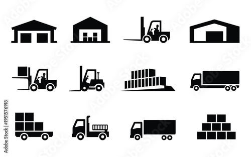 Logistics and transportation icons including warehouses forklifts trucks and cargo for business and industry concepts