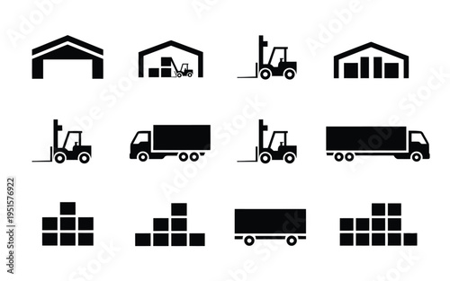 Warehouse logistics icons set trucks forklifts warehouses and cargo boxes in black on white background