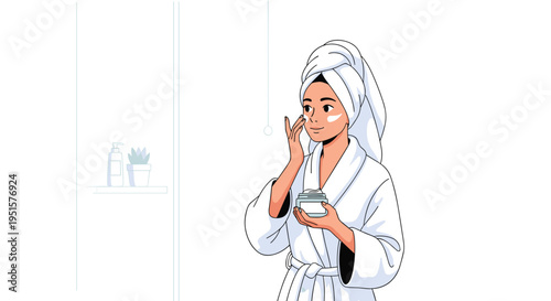 A young woman in a white bathrobe and towel applies face cream to her cheek, holding a product jar in a minimalist bathroom setting.