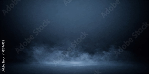 A dark blue night sky backdrop features abstract white clouds and swirling storm fog with a motion texture of smoke and steam