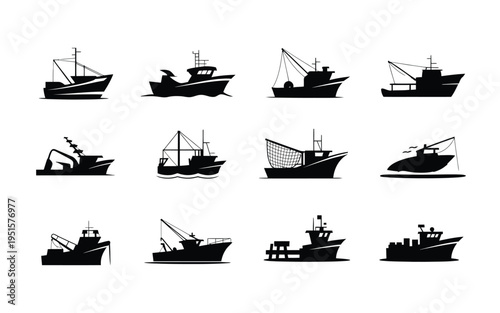 Collection of various black silhouette boats and ships on white background including fishing vessels and cargo ships for maritime and nautical concepts