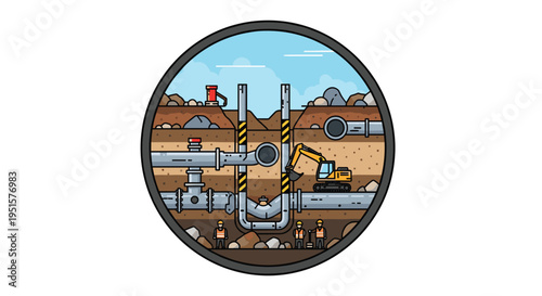 A circular cross-section illustrates an underground pipeline construction site with workers and an excavator installing pipes.