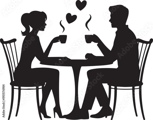 Black silhouette couple sitting at table with coffee cups and hearts