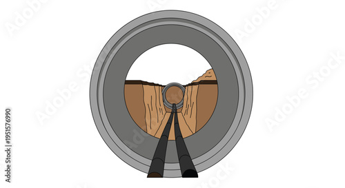 An interior view from a large concrete pipe looks down a tunnel with two smaller pipes extending through an excavated trench.