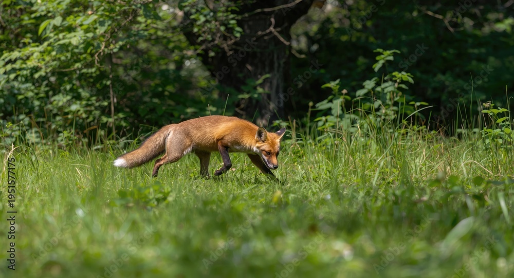 Naklejka premium Playful red fox hunting on a lush green forest meadow during a sunny summer day