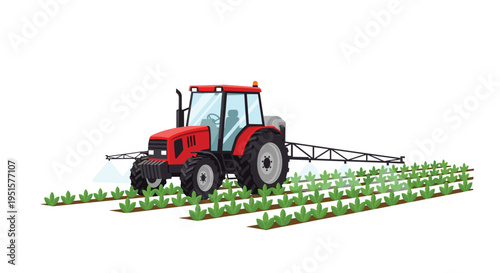 A red tractor with a sprayer attachment cultivates a field of green crops in neat rows against a white background.