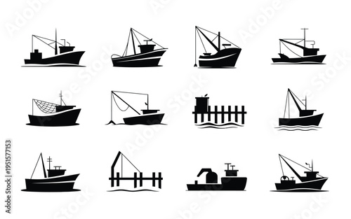 Collection of various fishing boats and docks in black silhouette on white background nautical icons set