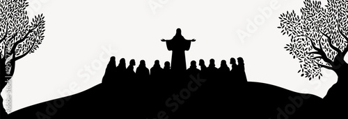 Silhouette of Jesus Christ teaching his disciples in black and white vector style, suitable for religious themes and spiritual illustrations.
