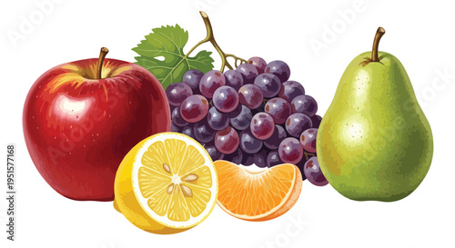 Still life of assorted fresh fruits including an apple, grapes, pear, and orange slices on a white background.