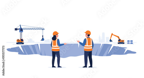 Two construction workers in orange vests stand at the edge of a large excavation pit with a crane and excavator in the background.