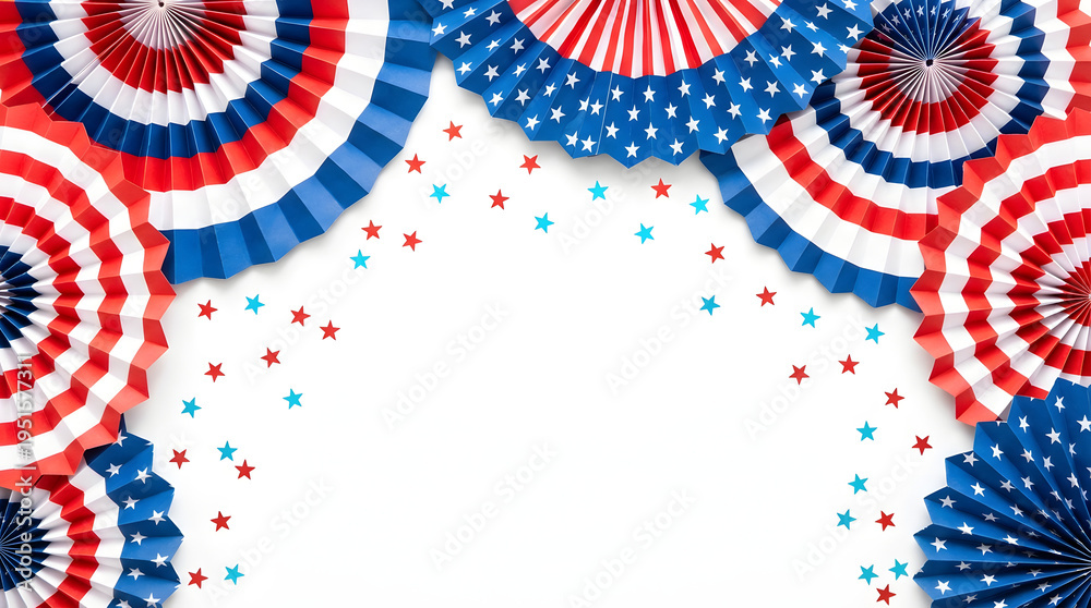 Obraz premium Festive patriotic paper fans and confetti decorations arranged in the shape of an arch 