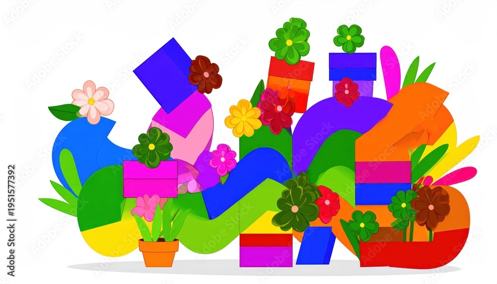 Fototapeta premium Colorful Potted Plants and Gift Boxes.