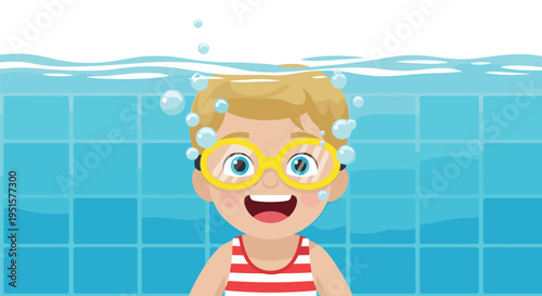 A happy child wearing yellow goggles smiles while partially submerged in a swimming pool with blue tiled walls.