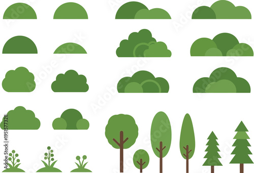 a collection of varied green trees and shrubs in a flat cartoon style suitable for design projects and illustrations high quality