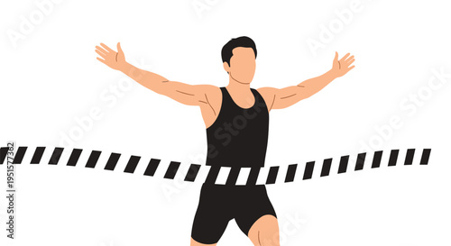 A male runner in a black uniform crosses a finish line with his arms raised in triumph against a white background.