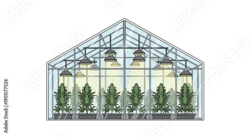 A glass greenhouse contains six potted cannabis plants illuminated by overhead lights.