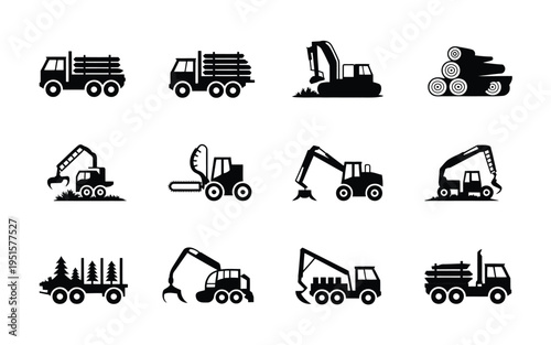 Construction vehicles icons set trucks excavators and heavy machinery in black silhouettes on white background