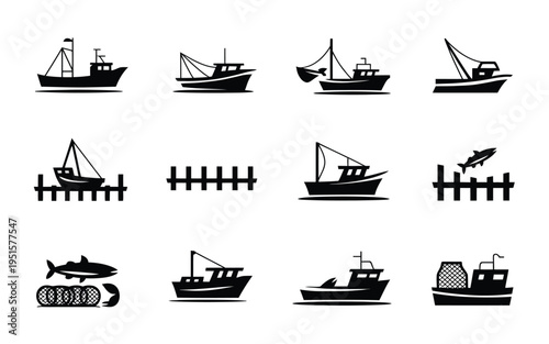 Black silhouette icons of various fishing boats and marine equipment on white background for nautical themes