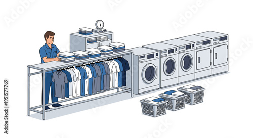 A man is folding laundry on a counter next to washing machines in a laundromat.