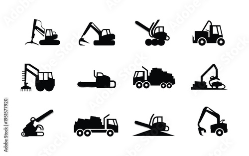 Collection of heavy machinery and construction vehicles in black silhouette on white background for industrial and engineering concepts
