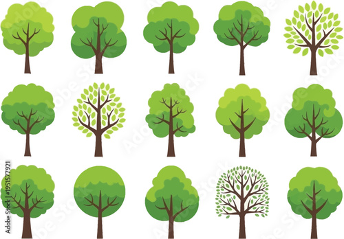 a collection of various green trees with differing shapes and sizes illustrated in a simple cartoon style on a white background