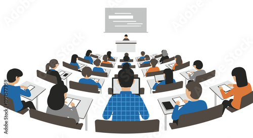 Students are seated at desks in a semi-circular arrangement, attentively facing a teacher at a podium in a classroom setting.
