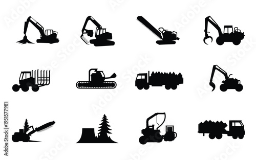 Black silhouettes of heavy construction and forestry machinery on white background including excavators trucks and logging equipment