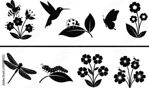a collection of black silhouette illustrations depicting various insects flowers and a ladybug on a leaf arranged neatly high quality professional