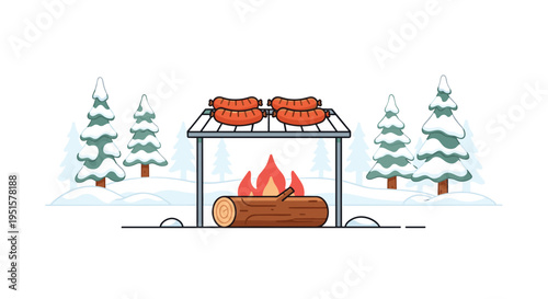 Four sausages are grilling over a campfire fueled by a log in a snowy landscape with evergreen trees.