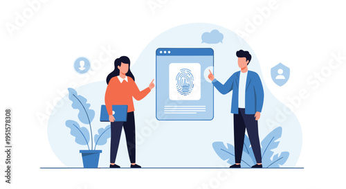 A man and a woman stand next to a large blue screen displaying a fingerprint icon, surrounded by plants and floating security symbols.