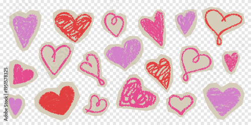 Sketchy hearts stickers collection. Rough textured pink heart illustration. Chalk crayon pencil textured shapes doodle set. Cute love girly vector for scrapbooking, planner diary design, collage