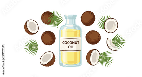 A clear bottle of coconut oil is surrounded by whole and halved coconuts with green palm leaves on a plain white background.