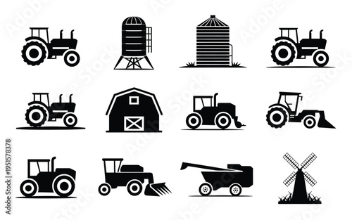 Farm tractors and equipment silhouettes agricultural tools and buildings icons set