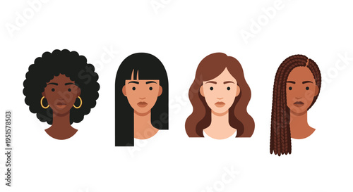 Four diverse women's headshots with varying hairstyles and skin tones are arranged in a horizontal line on a clean white background.