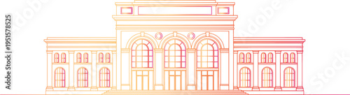 Colorful illustration of a large building with arched windows and doors in vibrant hues