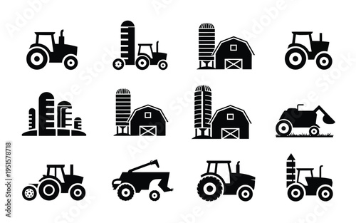 Collection of black farm tractor and barn icons on white background for agriculture and rural concepts