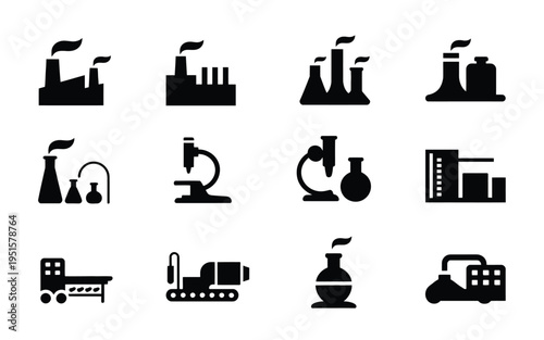 Industrial icons set factories laboratories and heavy machinery symbols in black on white background