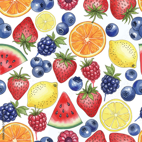 Vibrant seamless pattern of assorted colorful fruits including strawberries, blueberries, raspberries, oranges, lemons, and watermelon on a white background with a lively and fresh mood.