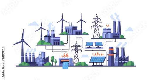 Integrated Power Grid Illustration with Renewable & Traditional Energy Sources: Solar, Wind, Hydro, Industrial Plants, and Transmission Lines